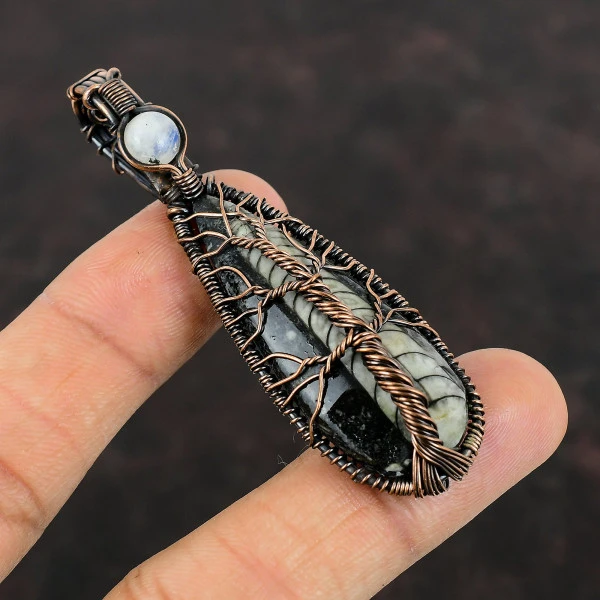 Tree Of Life Orthoceras Fossil Gemstone Copper Pendant Moonstone Wire Wrapped Jewelry
