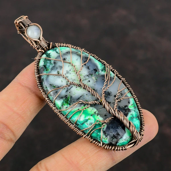 Green Dendrite Opal Pendant Wire Wrap Pendant Tree of Life Moonstone Jewelry