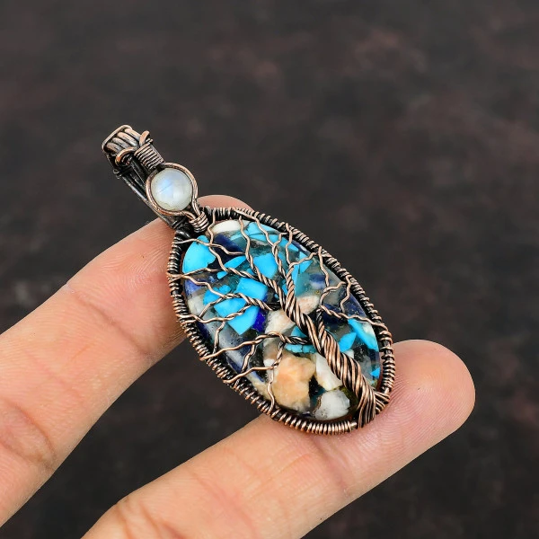 Tree Of Life Copper Blue Turquoise Wire Wrapped Pendant Rainbow Moonstone Copper Pendant