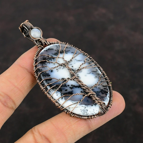 Dendrite Opal Gemstone Copper Wire Wrap Pendant Rainbow Moonstone Tree Of Life Jewelry