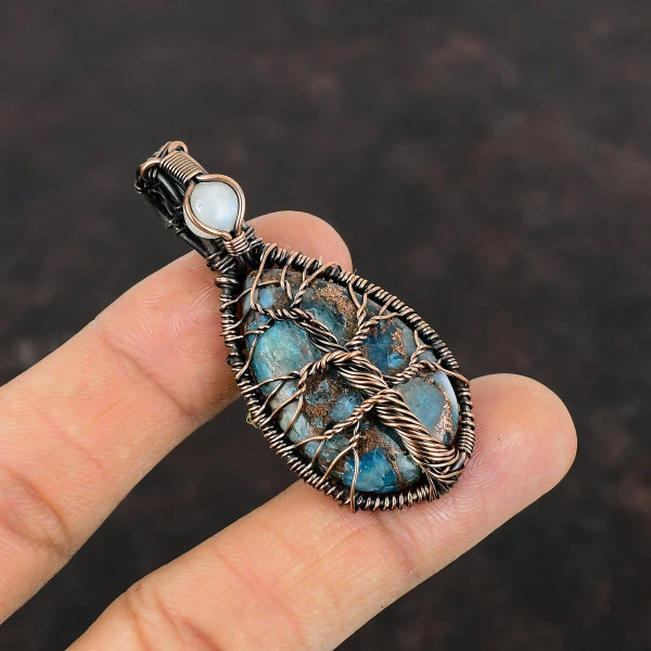 Tree Of Life Copper Neon Apatite Pendant Copper Wire Wrap Moonstone Gemstone Pendant