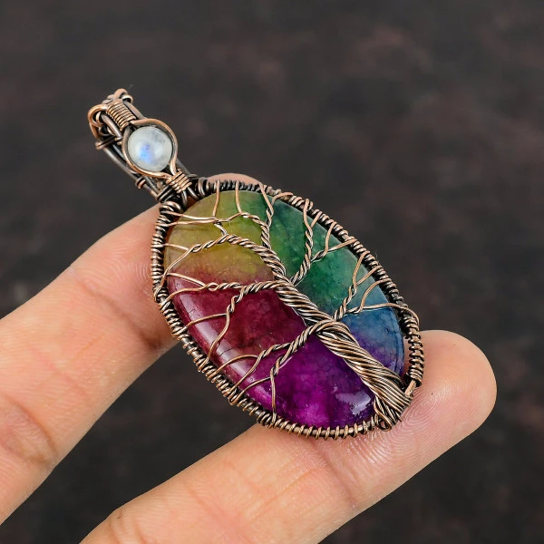 Tree Of Life Rainbow Solar Quartz Druzy Pendant Moonstone Copper Wire Wrapped Pendant