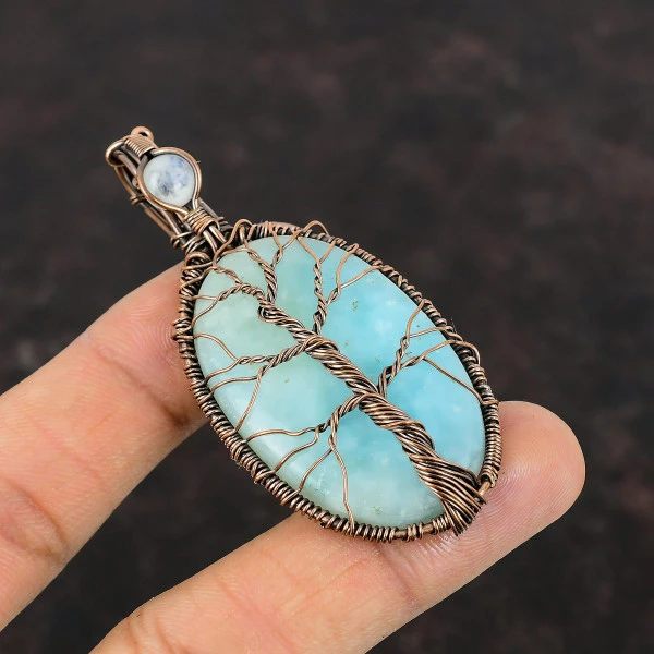 Hemimorphite Copper Wire Wrap Pendant Moonstone Gemstone Jewerly Tree Of Life Pendant