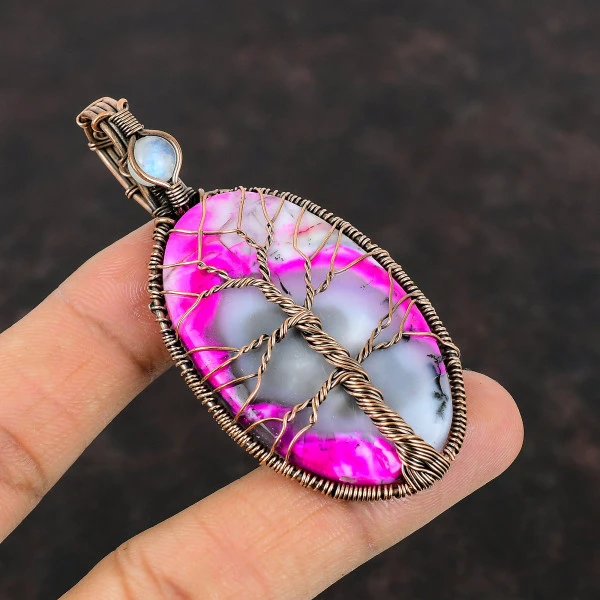 Tree Of Life Pink Dendrite Opal Gemstone Pendant Moonstone Wire Wrapping Jewelry