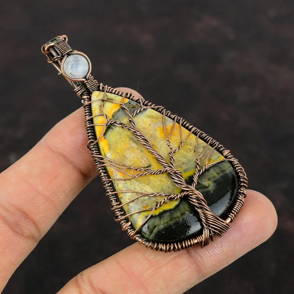 Bumble Bee Jasper Gemstone Wire Wrap Pendant Moonstone Tree Of Life Copper Pendant