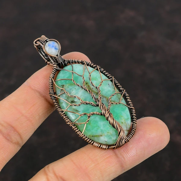 Tree Of Life Chrysopase Copper Pendant Moonstone Wire Wrapped Pendant Gemstone Jewerly