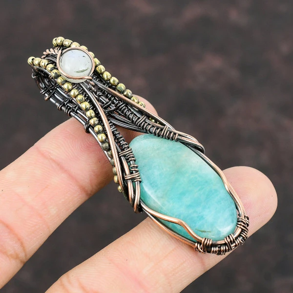 Amazonite Oval Green Handmade Copper Wire Wrapped Pendant
