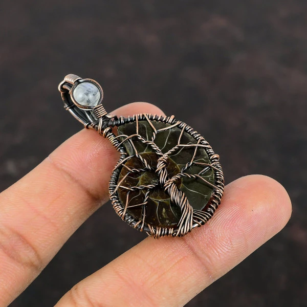 Ammonite Fossil Wire Wrapped Pendant Moonstone Tree of Life Copper Gemstone Pendant