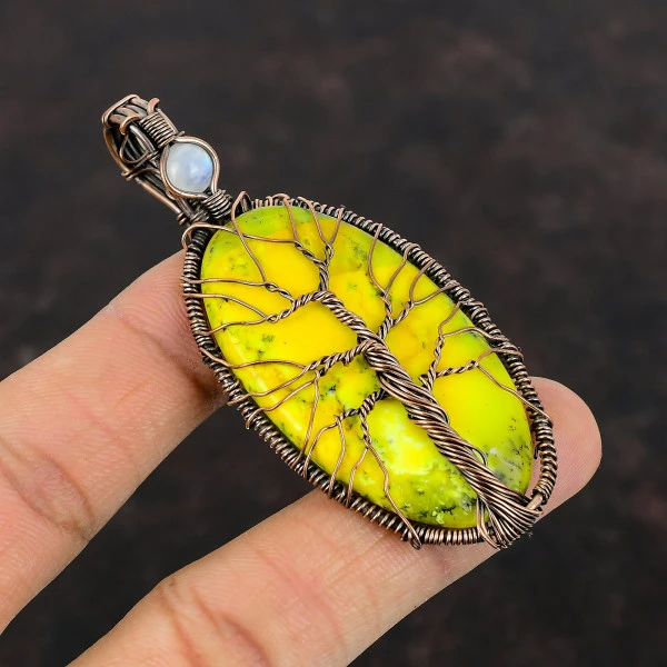 Tree Of Life Yellow Dendrite Opal Pendant Moonstone Copper Wire Wrap Gemstone Jewelry
