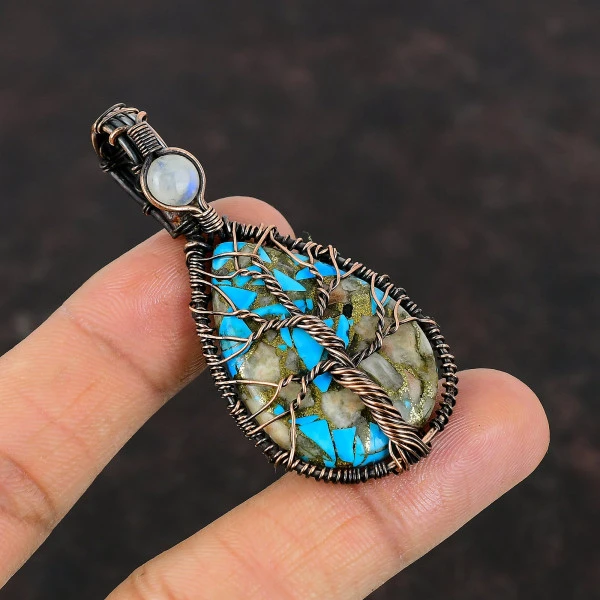 Tree Of Life Pink Opal Copper Turquoise Wire Wrapped Pendant Rainbow Moonstone Jewelry