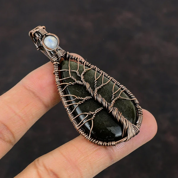 Silver Sheen Obsidain Gemstone Copper Wire Pendant Rainbow Moonstone Tree of Life Jewelry