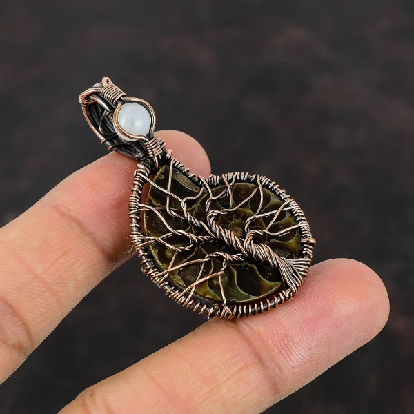 Tree Of Life Ammonite Fossil Gemstone Pendant Rainbow Moonstone Copper Wire Wrap Jewelry
