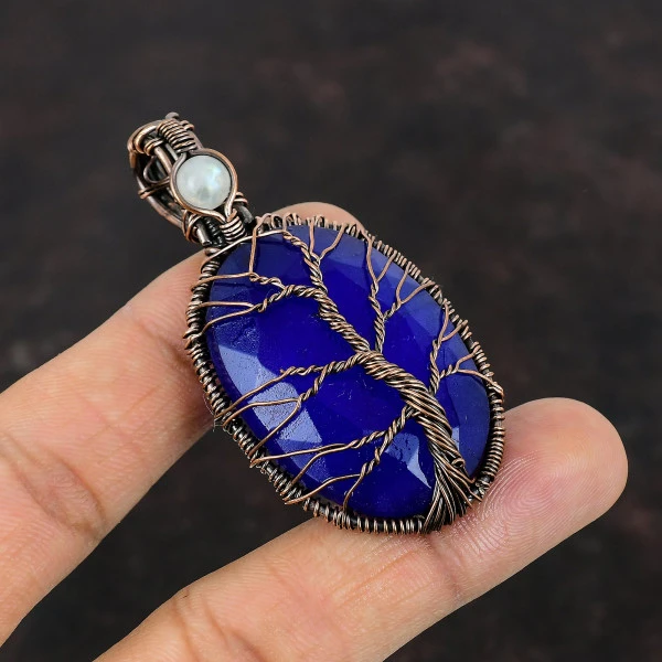 Blue Sapphire Gemstone Pendant Copper Wire Wrap Moonstone Pendant Tree Of Life Jewelry