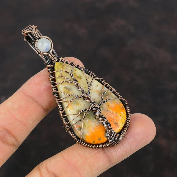 Bumble Bee Jasper Gemstone Copper Wire Wrapping Pendant Tree of Life Moonstone Pendant