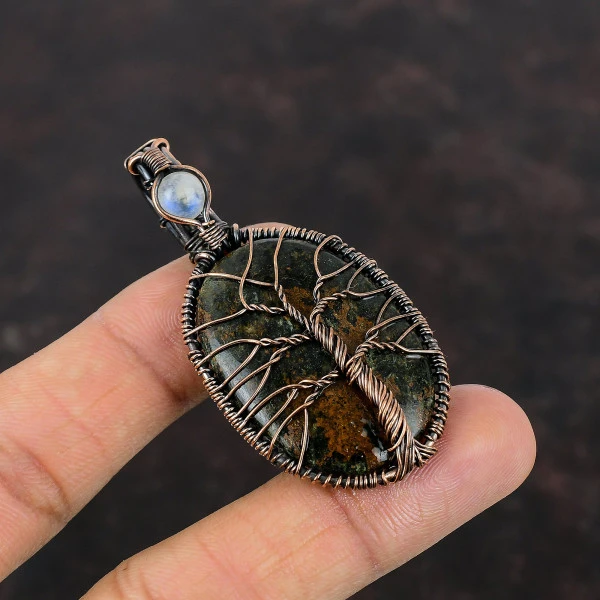 Tree Of Life Spessartine Garnet in Limestone Pendant Moonstone Copper Wire Wrap Pendant