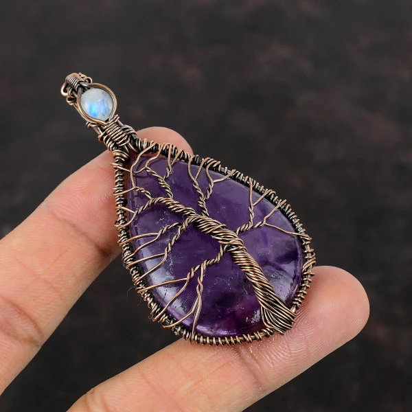 Star Amethyst Copper Pendant Moonstone Wire Wrapped Jewelry Real Gemstone Pendant