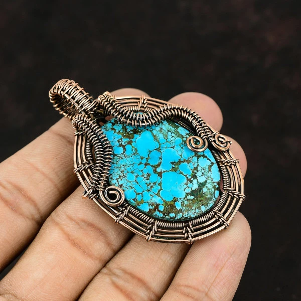 Tibetan Turquoise Oval Blue Handmade Copper Wire Wrapped Pendant
