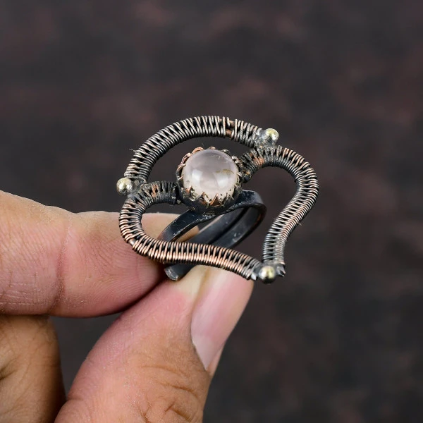 Handmade Copper Wire Wrapped Rose Quartz Ring – Adjustable Love & Healing Gemstone Jewelry