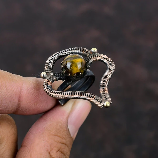 Handmade Copper Wire Wrapped Tiger’s Eye Ring – Adjustable Courage & Strength Gemstone Jewelry