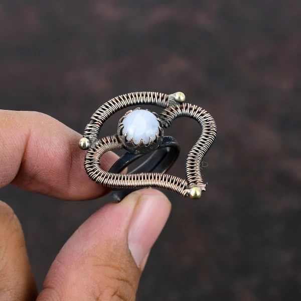 Handmade Copper Wire Wrapped Blue Lace Agate Ring – Adjustable Birthstone Jewelry for Mom