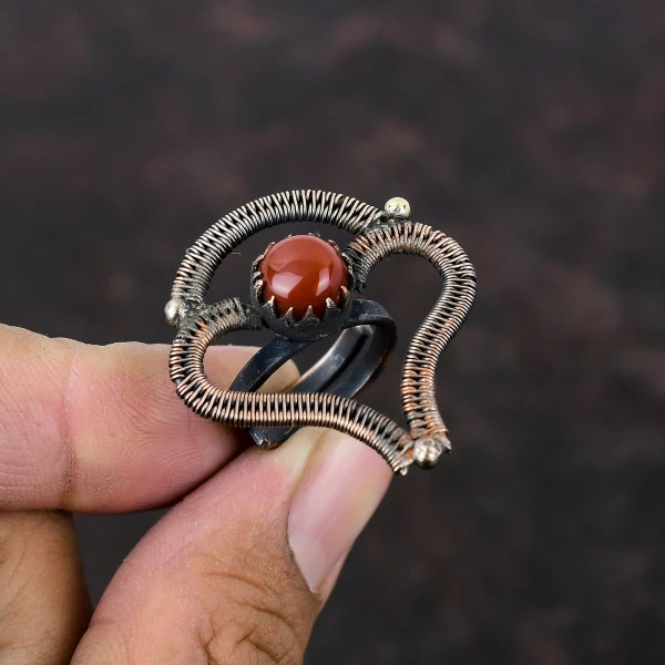 Handmade Copper Wire Wrapped Carnelian Gemstone Ring – Adjustable Healing Jewelry