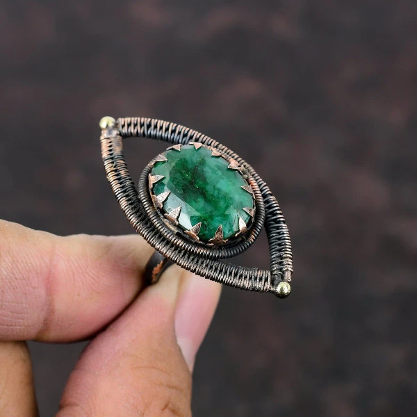 Handmade Copper Wire Wrapped Faceted Zambian Emerald Ring – Adjustable Engagement Gift