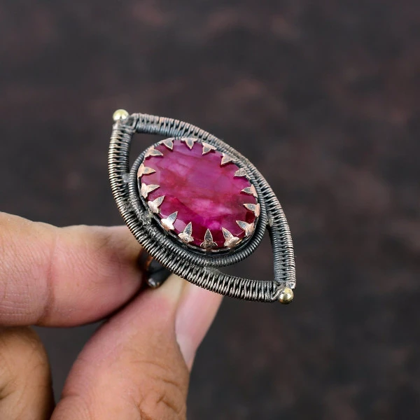 Handmade Copper Wire Wrapped Faceted Kashmir Ruby Ring – Adjustable Designer Jewelry for Him