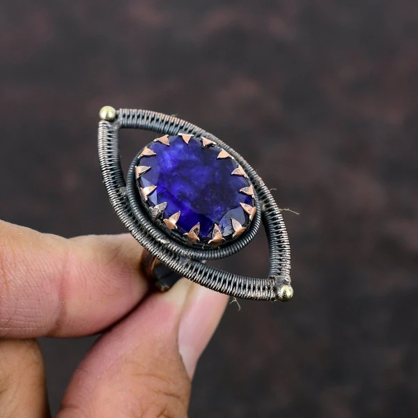 Handmade Copper Wire Wrapped Faceted Blue Sapphire Ring – Adjustable Anniversary Gift Jewelry