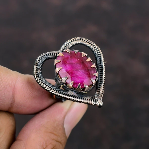 Handmade Copper Wire Wrapped Faceted Kashmir Ruby Ring – Adjustable Wedding Gift Jewelry