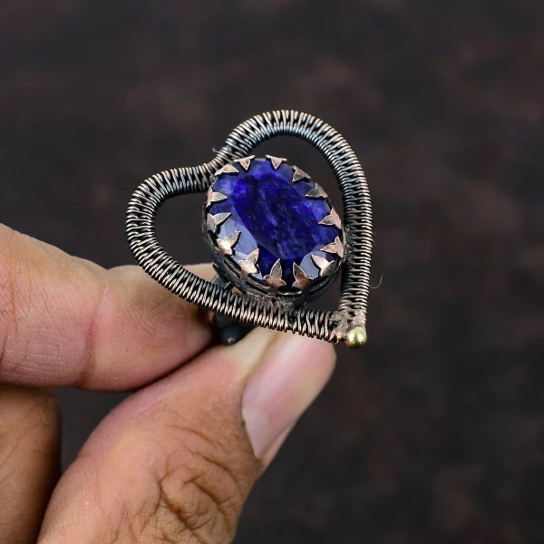 Handmade Copper Wire Wrapped Faceted Blue Sapphire Ring – Adjustable Designer Jewelry
