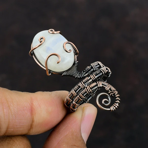 Handmade Rainbow Moonstone Copper Wire Wrapped Ring – Adjustable Designer Jewelry