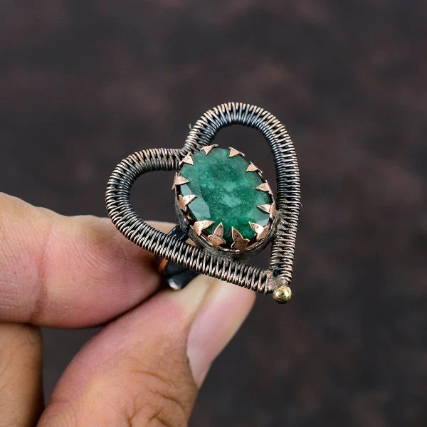 Handmade Copper Wire Wrapped Zambian Emerald Ring – Adjustable Elegant Gemstone Jewelry