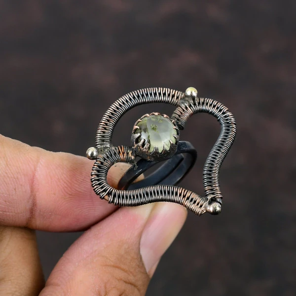 Handmade Prehnite Copper Wire Wrapped Ring – Adjustable Healing Gemstone Jewelry