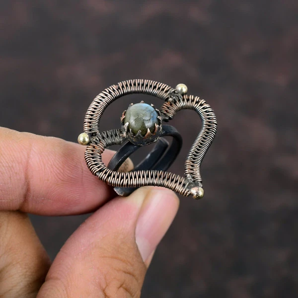 Handmade Labradorite Copper Wire Wrapped Ring – Adjustable Healing Gemstone Jewelry