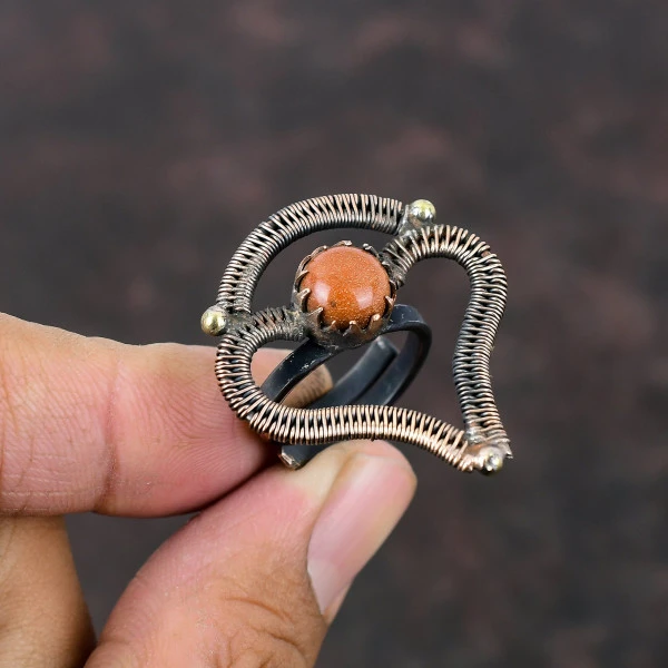 Handmade Sun Sitara Copper Wire Wrapped Ring – Adjustable Gemstone Jewelry