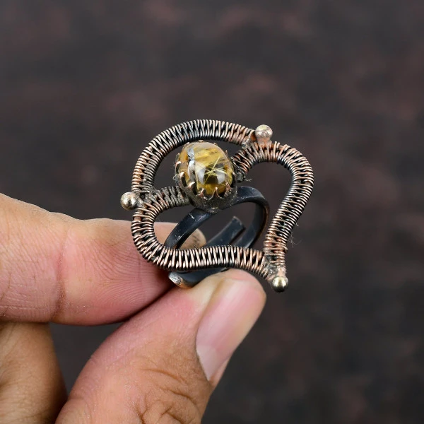 Handmade Golden Rutile Copper Wire Wrapped Ring – Adjustable Gemstone Jewelry