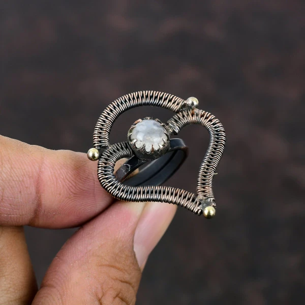 Handmade Rainbow Moonstone Copper Wire Wrapped Ring – Adjustable Natural Gemstone Jewelry