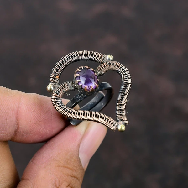 Handmade African Amethyst Copper Wire Wrapped Ring – Adjustable Spiritual Healing Jewelry
