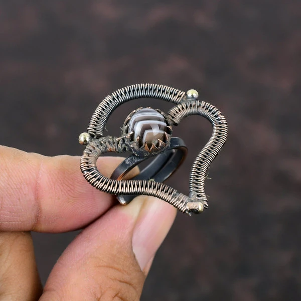 Handmade Copper Wire Wrapped Botswana Agate Ring – Adjustable Healing Stone Jewelry