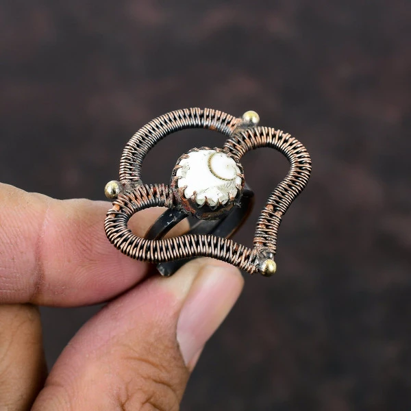 Handmade Copper Wire Wrapped Shiva Eye Shell Ring – Adjustable Spiritual Protection Jewelry