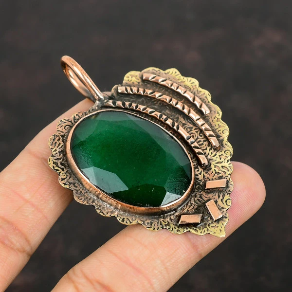 Faceted Zambian Emerald Pendant Copper Jewelry Genuine Gemstone Handmade Pendant