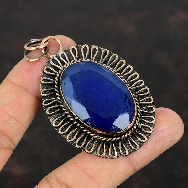 Faceted Blue Sapphire Pendant Gemstone Copper Pendant Handmade Designer Jewelry
