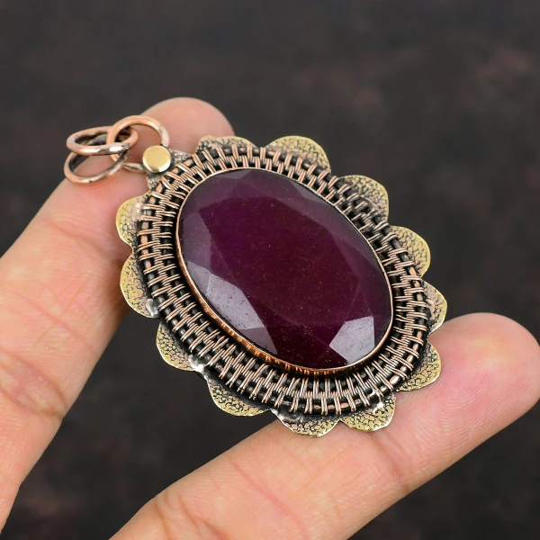 Faceted Kashmir Ruby Gemstone Pendant Copper Pendant Handmade Pendant For Gifts