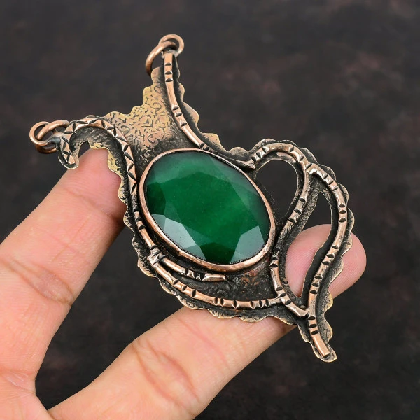 Faceted Zambian Emerald Pendant Copper Pendant Handmade Natural Gemstone Jewelry