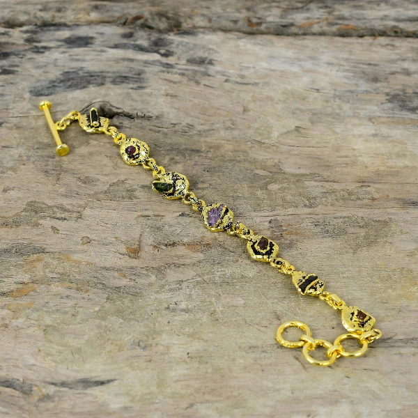 Multi Tourmaline Rough Pentagon Green Handmade Copper Electroformed Bracelet