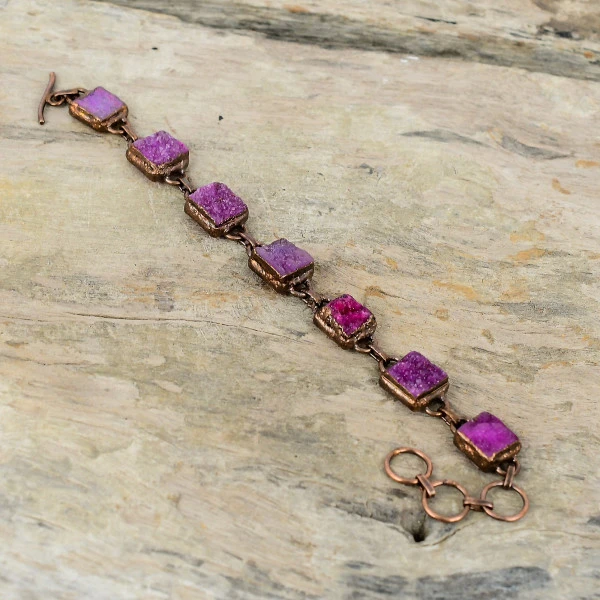 Pink Druzy Square Pink Handmade Copper Electroformed Bracelet