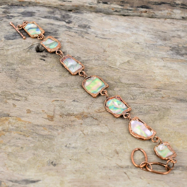 Abalone Shell Rough Radiant Green Handmade Copper Electroformed Bracelet