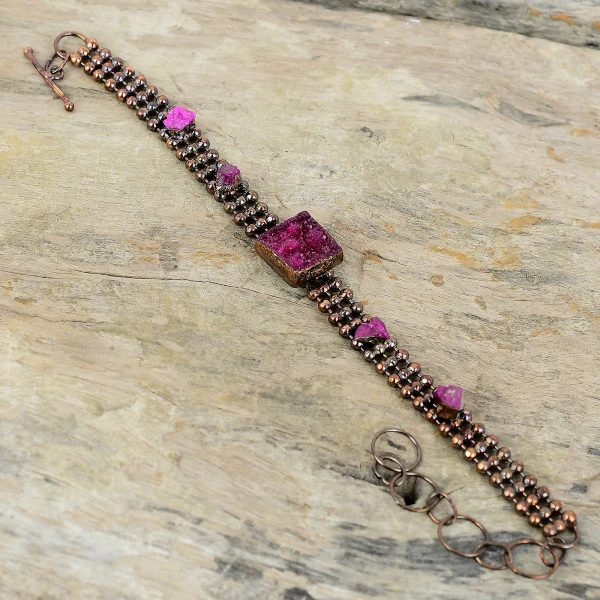 Pink Druzy Square Pink Handmade Copper Electroformed Bracelet