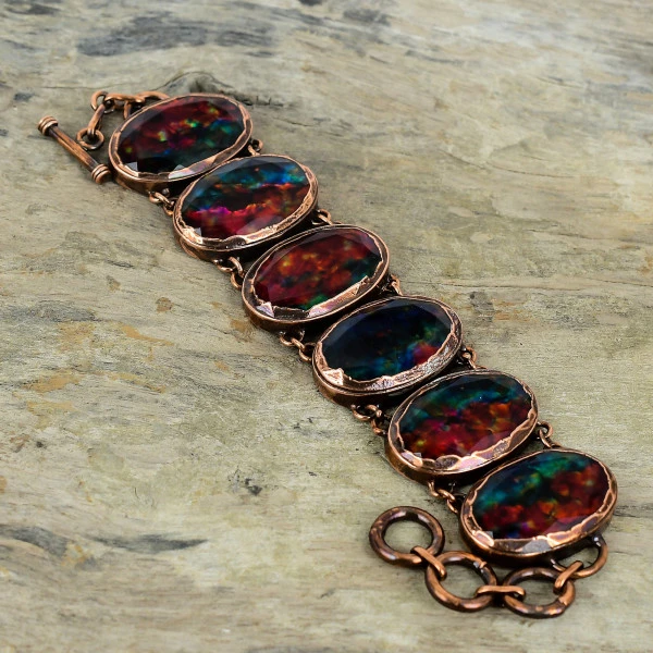 Ammolite Oval Red Handmade Copper Electroformed Bracelet
