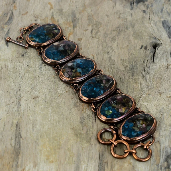 Watermelon Tourmaline Oval Blue Handmade Copper Electroformed Bracelet